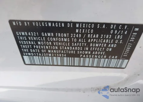 2015 Volkswagen Jetta 1.8T Sport z USA, uszkodzony, nr VIN 3VWD17AJ3FM213834